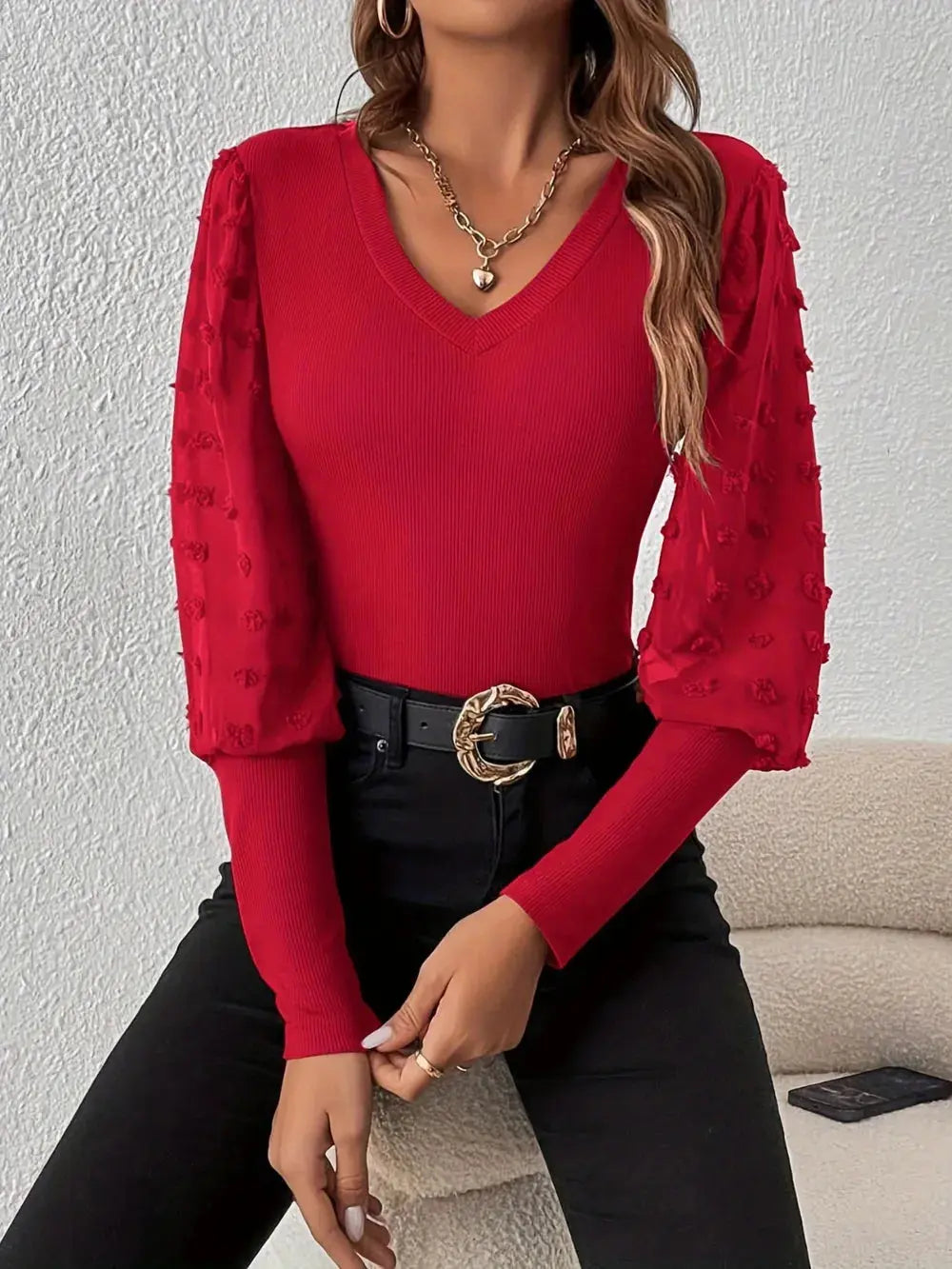 Swiss Dot V Neck Long Sleeve Top