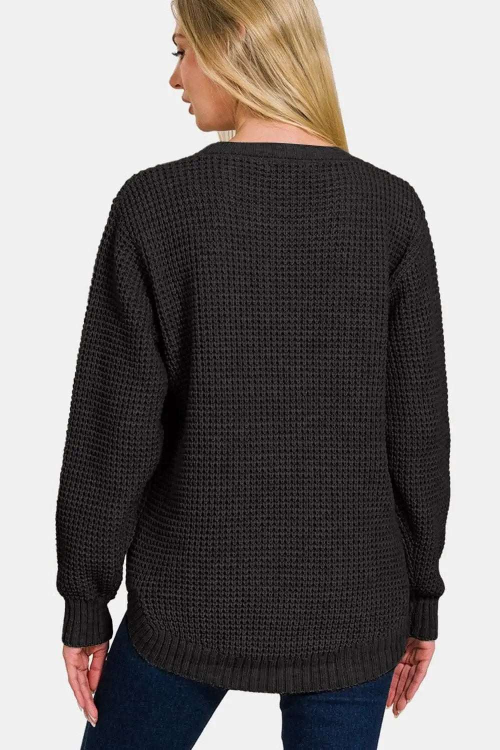 Trendsi Waffle Knit High Low Sweater | Black