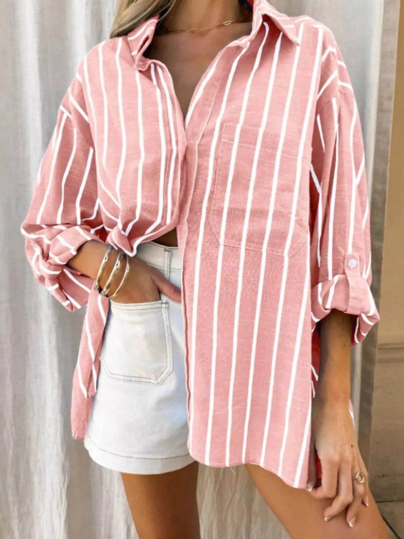 Pink Striped Oversized Button Down Shirt