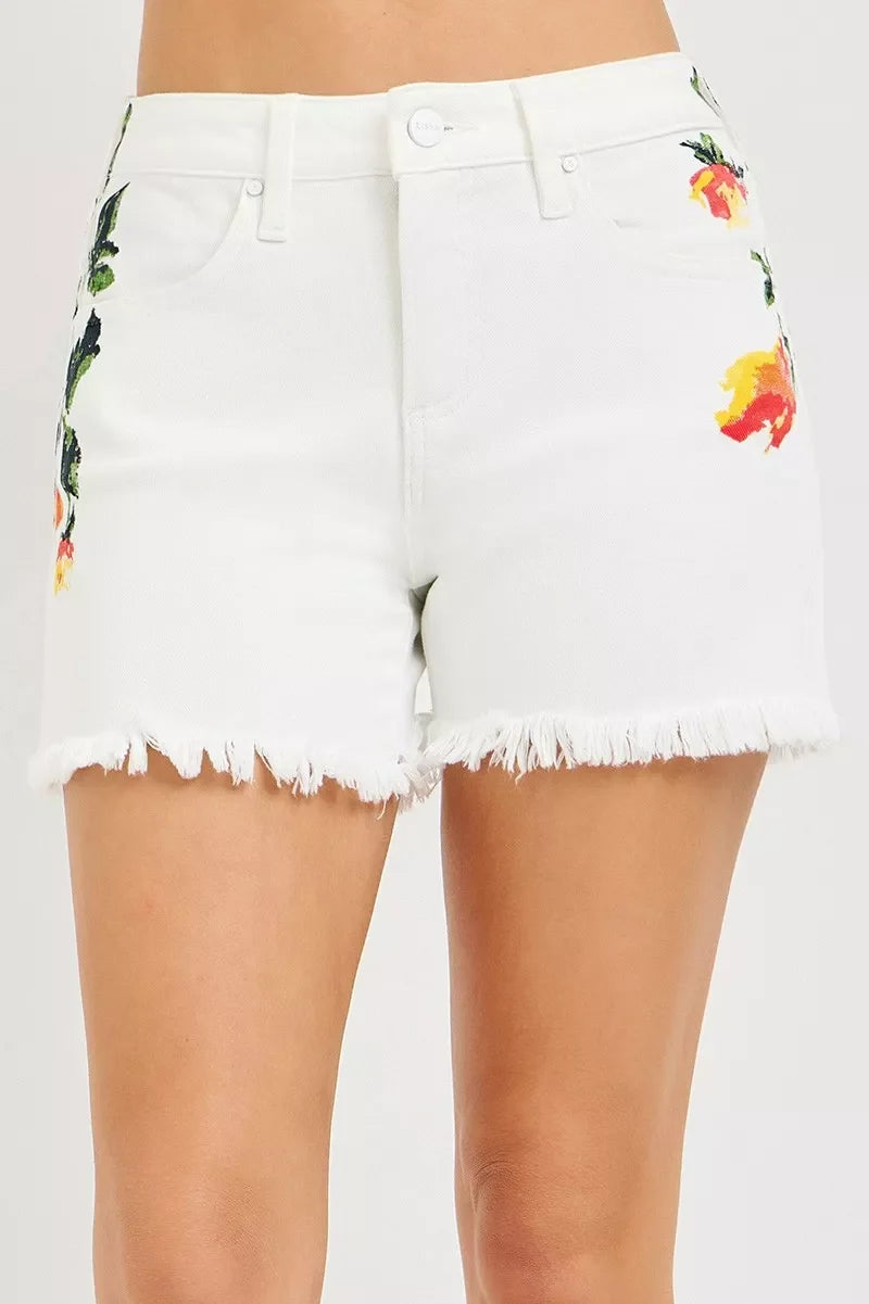 RISEN Tummy Control White High Rise Flower Printed Shorts