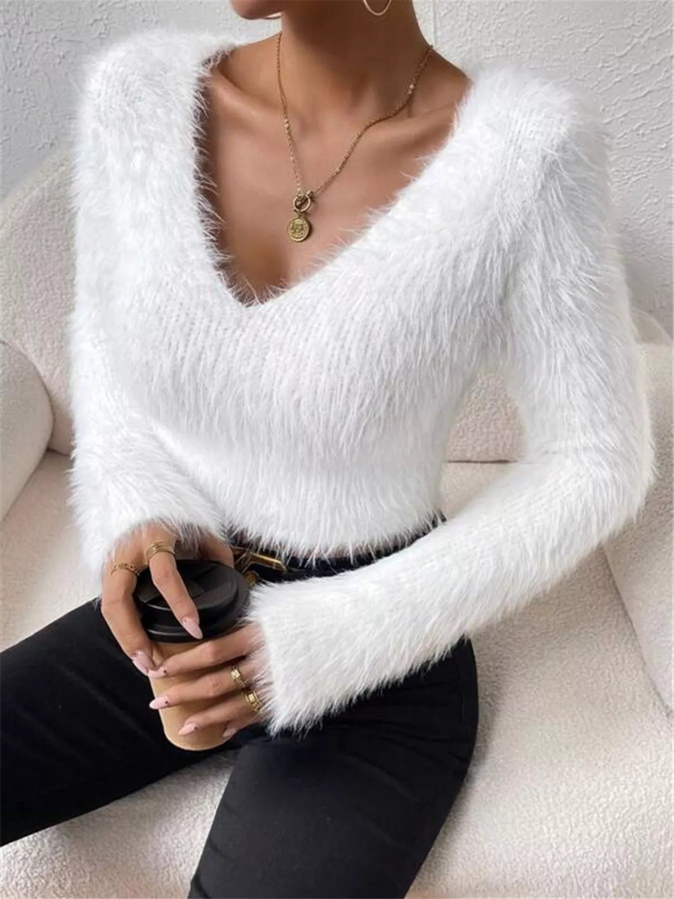 Fluffy Knit V Neck Sweater
