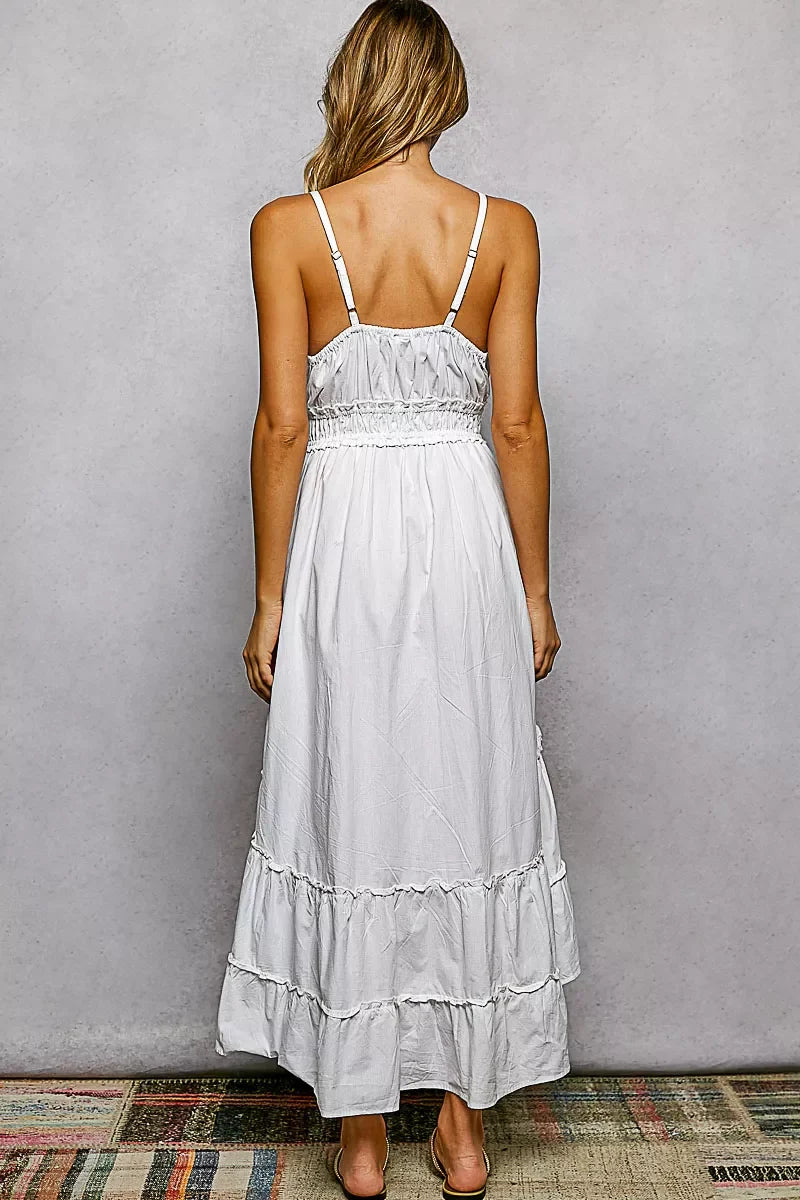 Embroidered Detail Tassel Tie Smocked Waist Midi Tiered Cami Dress