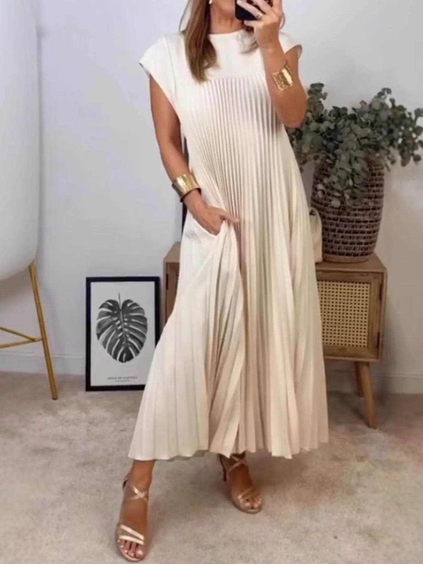 Pleated Round Neck Maxi Dress