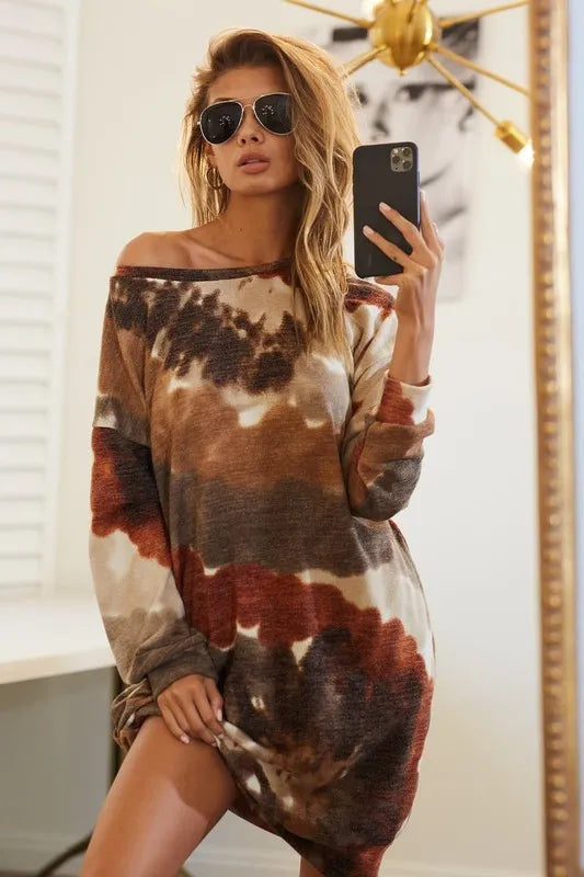 Rust/Olive Color Tie Dye Print Knit Dress with Side Pocket