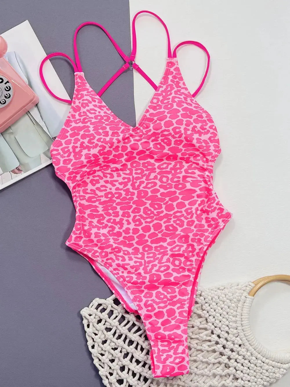 Leopard Print Plunge V-Neck One Piece Swimsuit