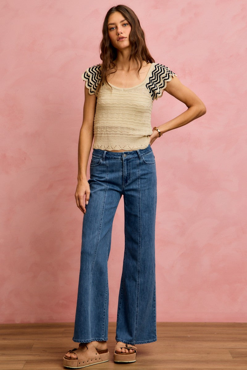 Wavy Textured Knit Top With Fluttered Sleeves