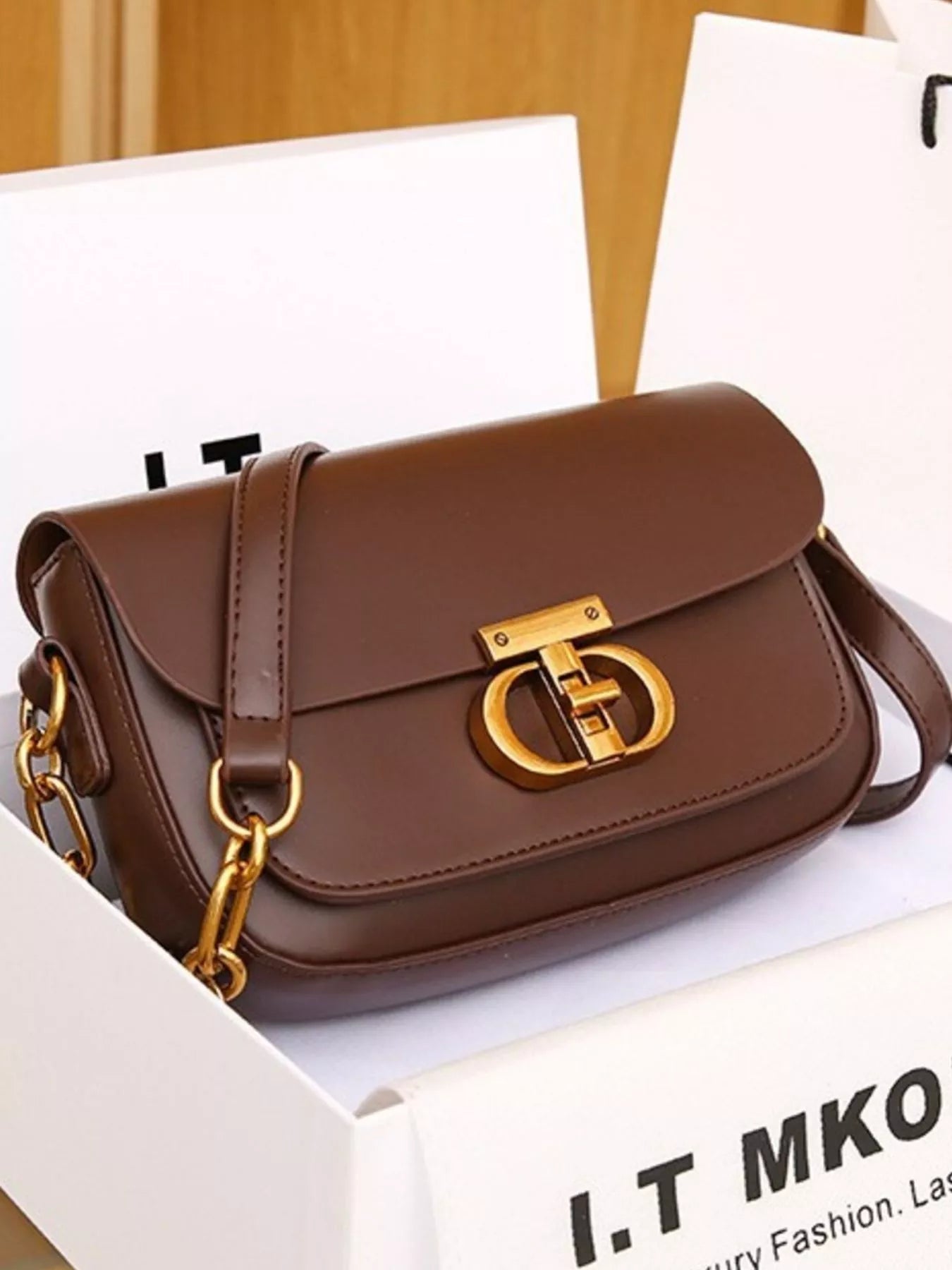 Classic Gold Lock Leather Flap Shoulder Bag