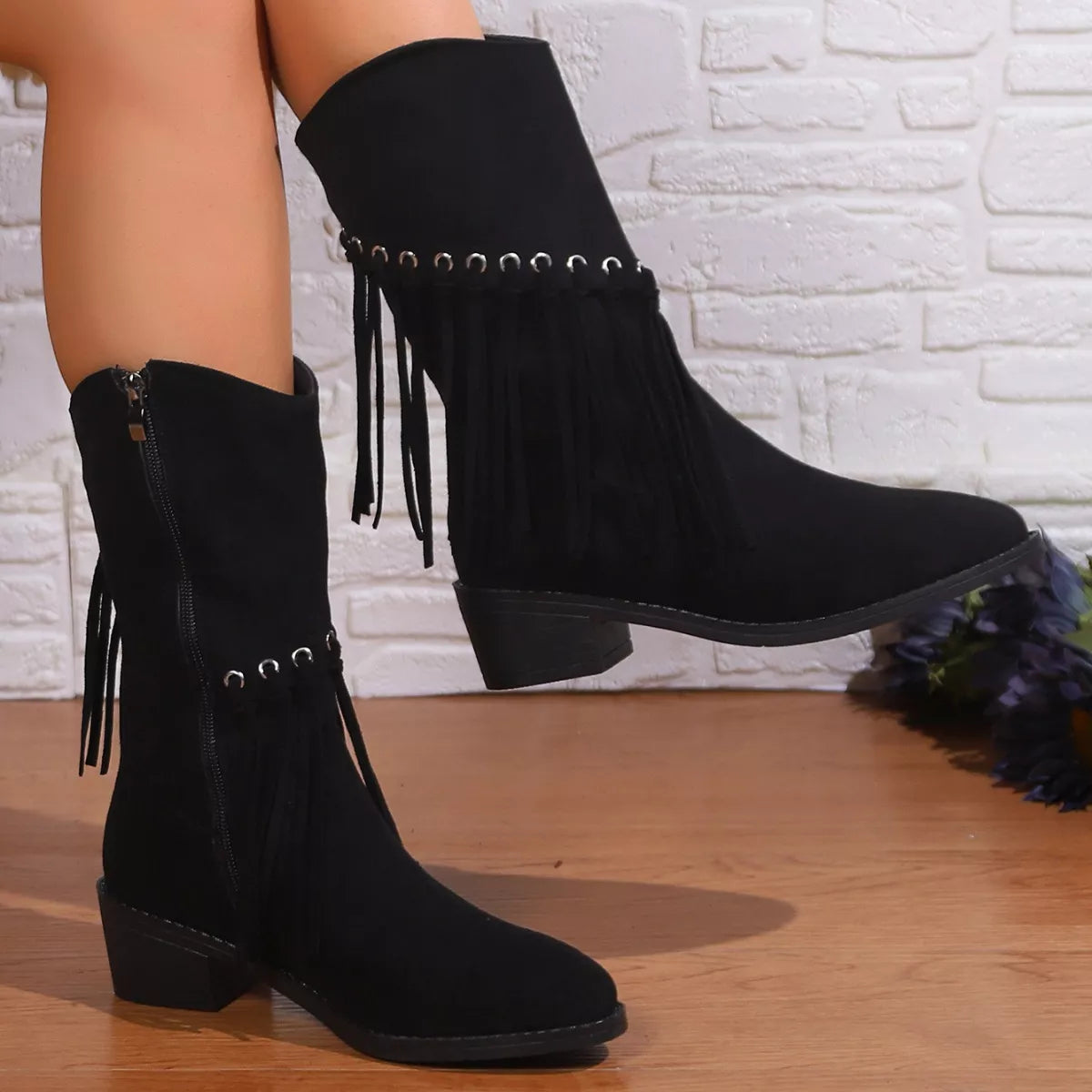 Fringe Western Block Heel Boots