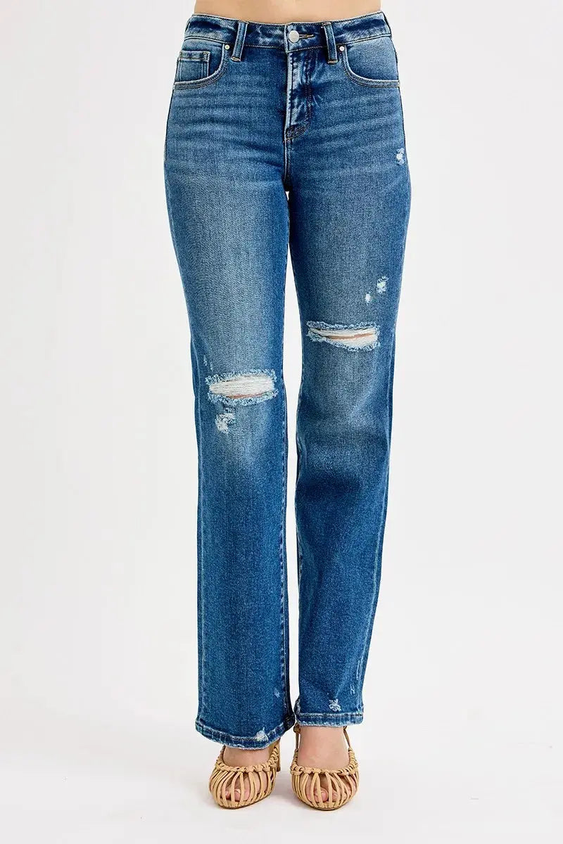RISEN Jeans - Plus Size Tummy Control High Rise Straight Distressed Jeans