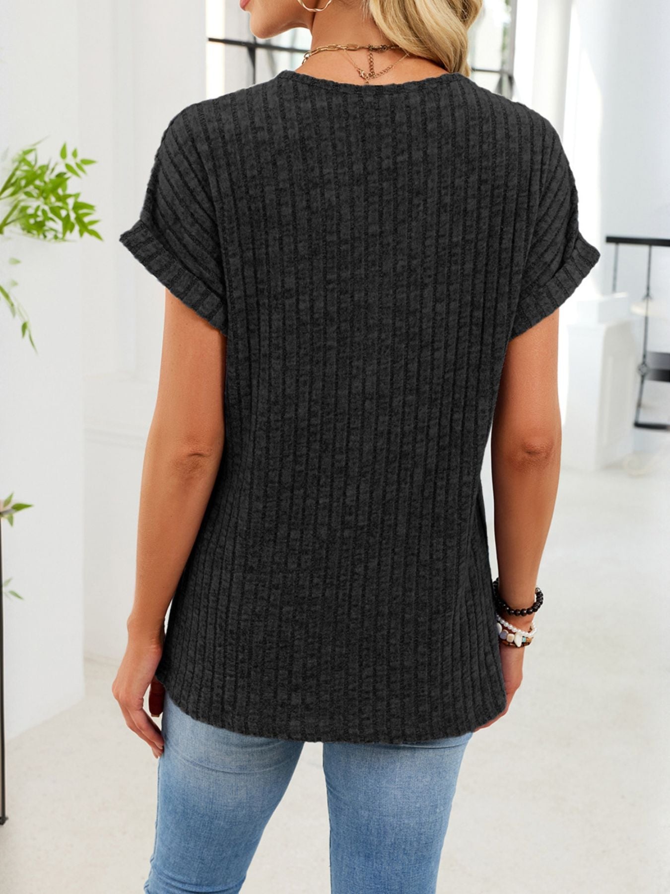 V Neck Ribbed Knit T Shirt
