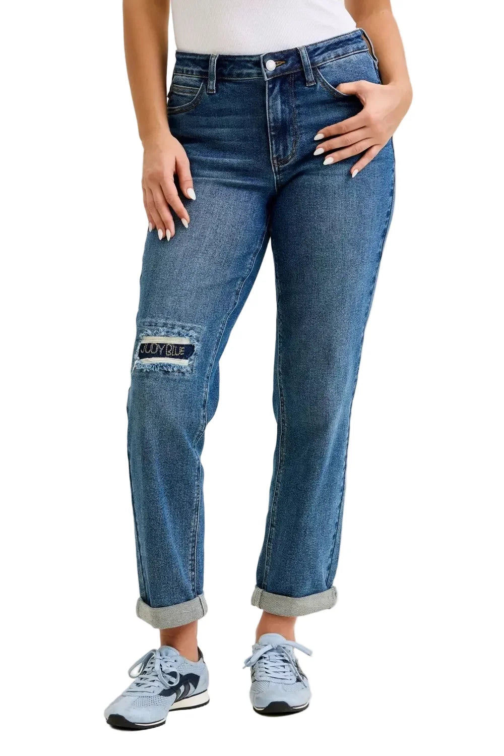 Judy Blue Mid Rise Boyfriend Embroidered Repair Patch Jeans