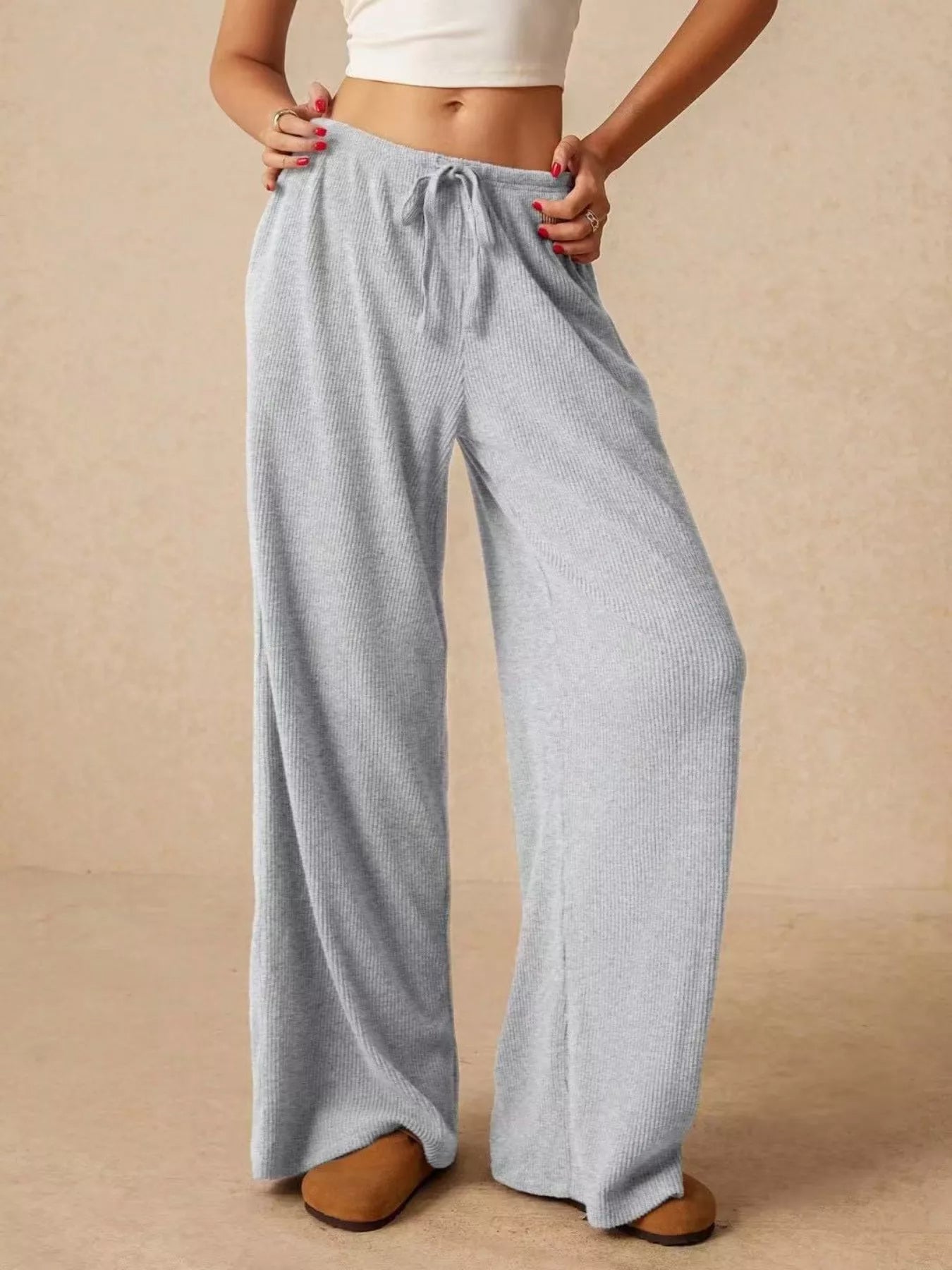 Ribbed Drawstring Wide Leg Pants