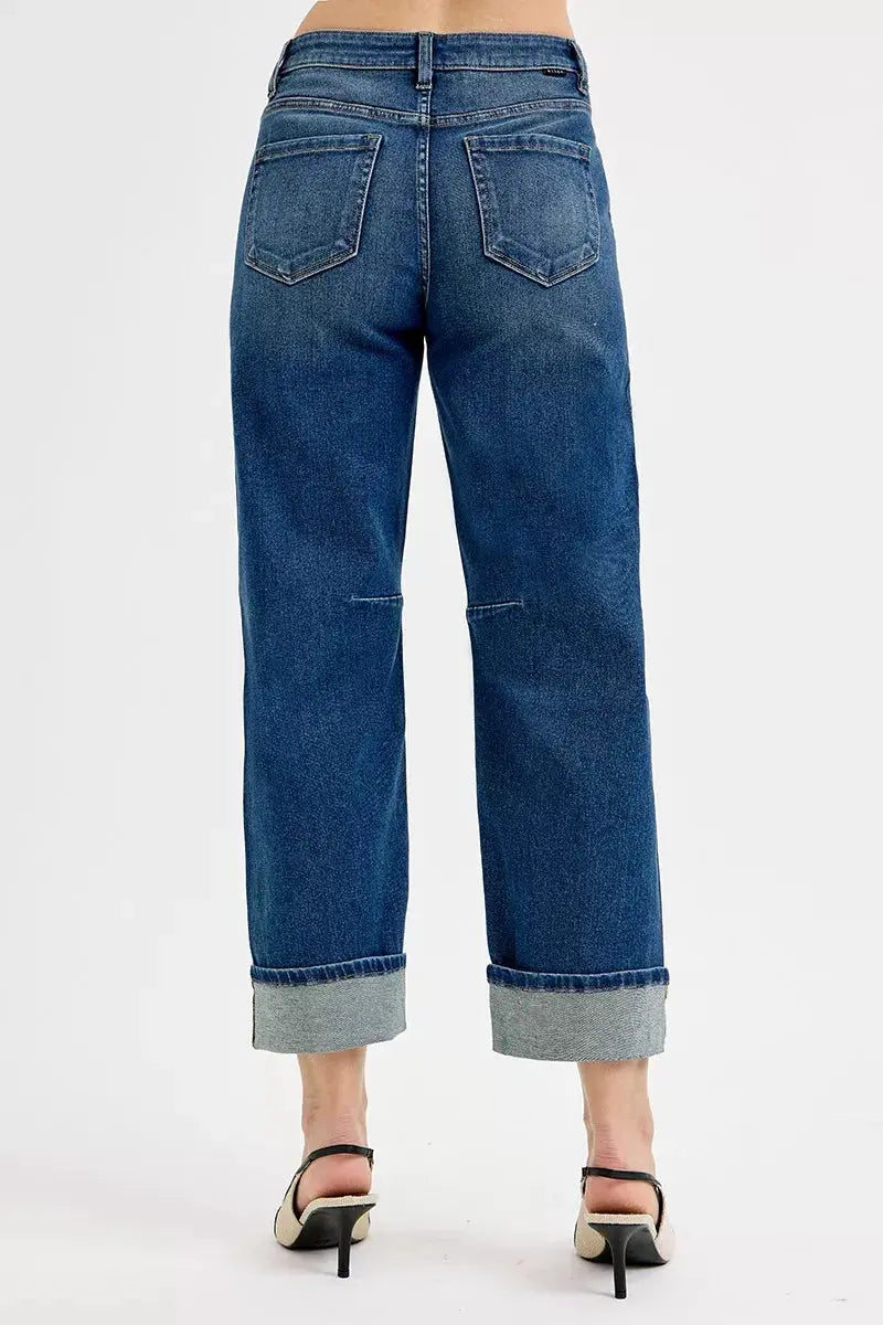 RISEN Jeans - Slouchy Crop Barrel Cuffed Jeans in Dark Wash