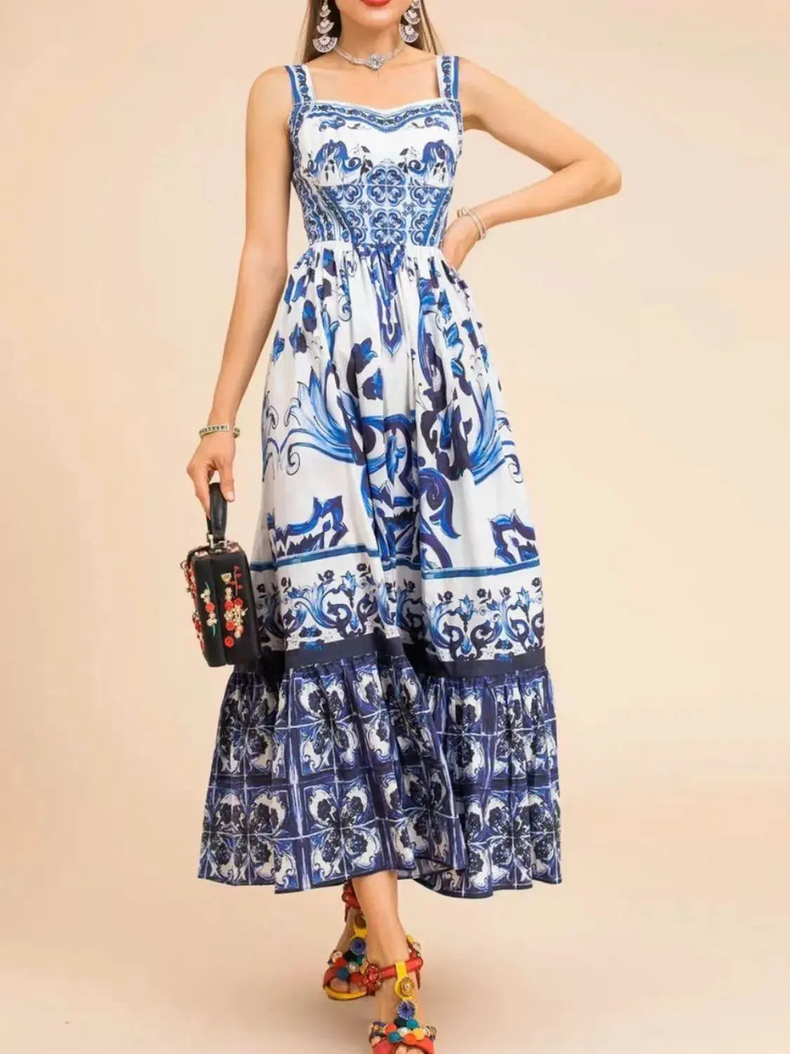 Smocked Blue Tile Print Wide Strap Midi Dress