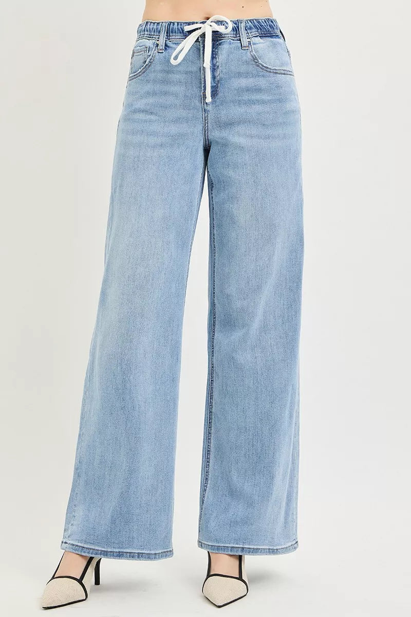 RISEN Elastic Band Slouchy Wide Leg Jeans with Drawstring