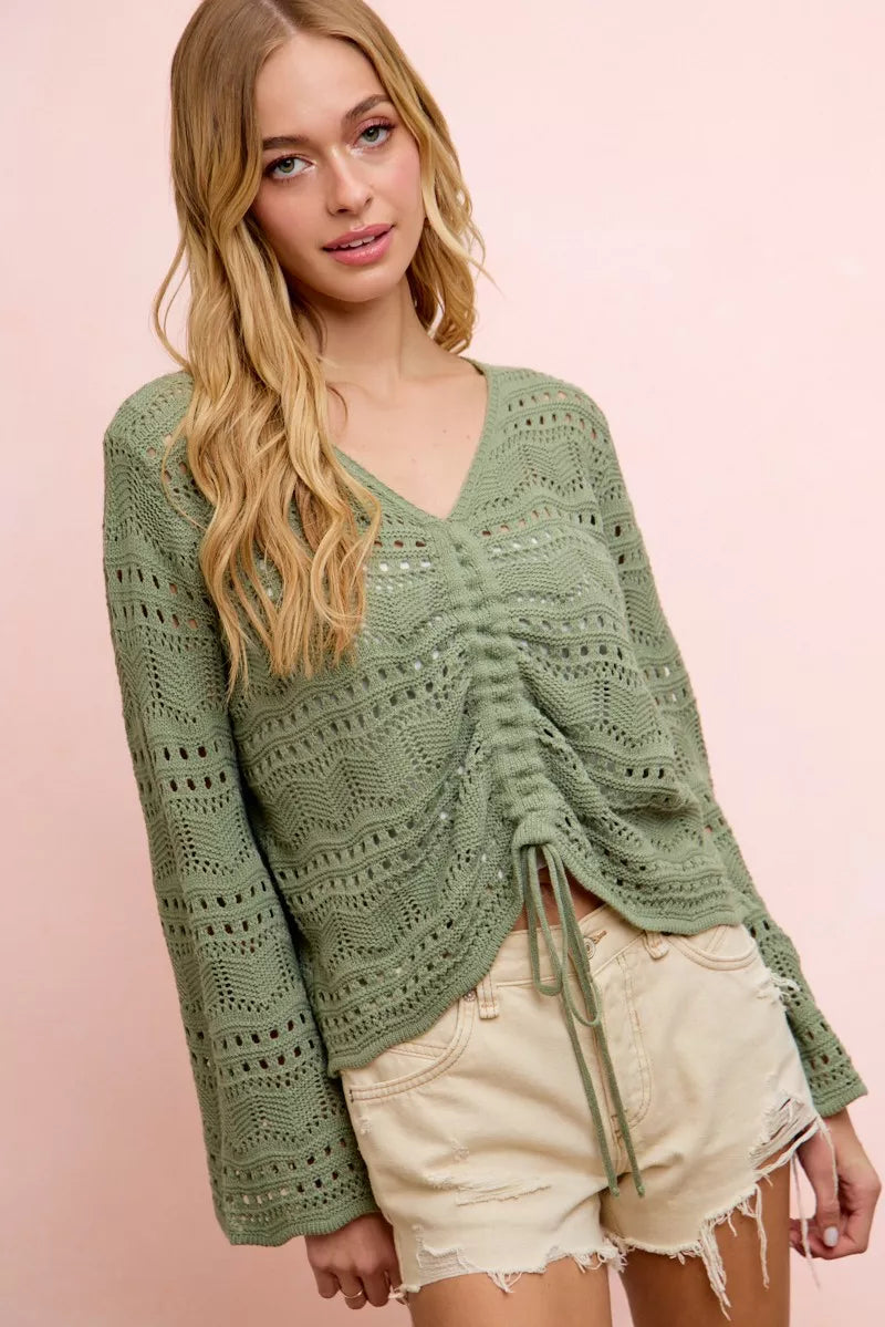 Green Pointelle Knit V Neck Ruched Front Lightweight Top