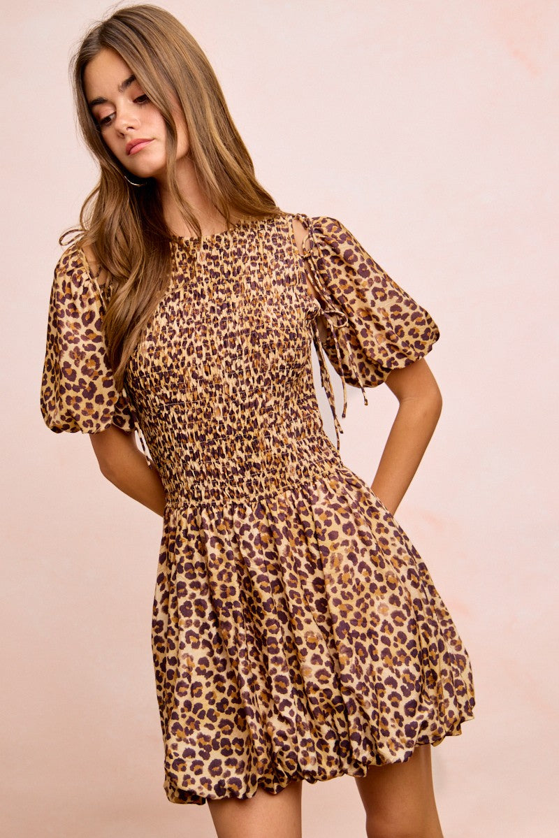 Leopard Print Dress With Attachable Puff Sleeves