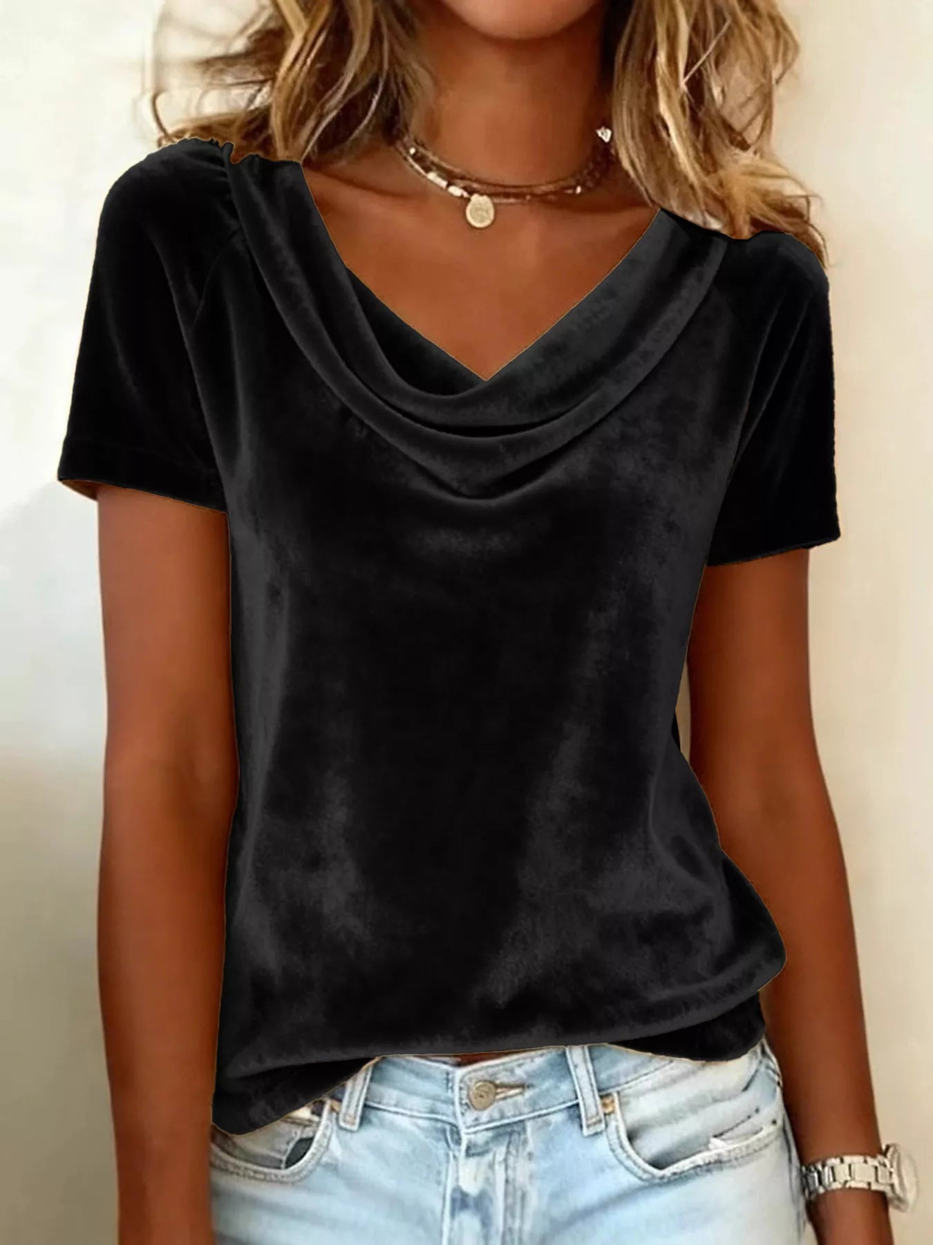 Velvet Cowl Neck Short Sleeve Top