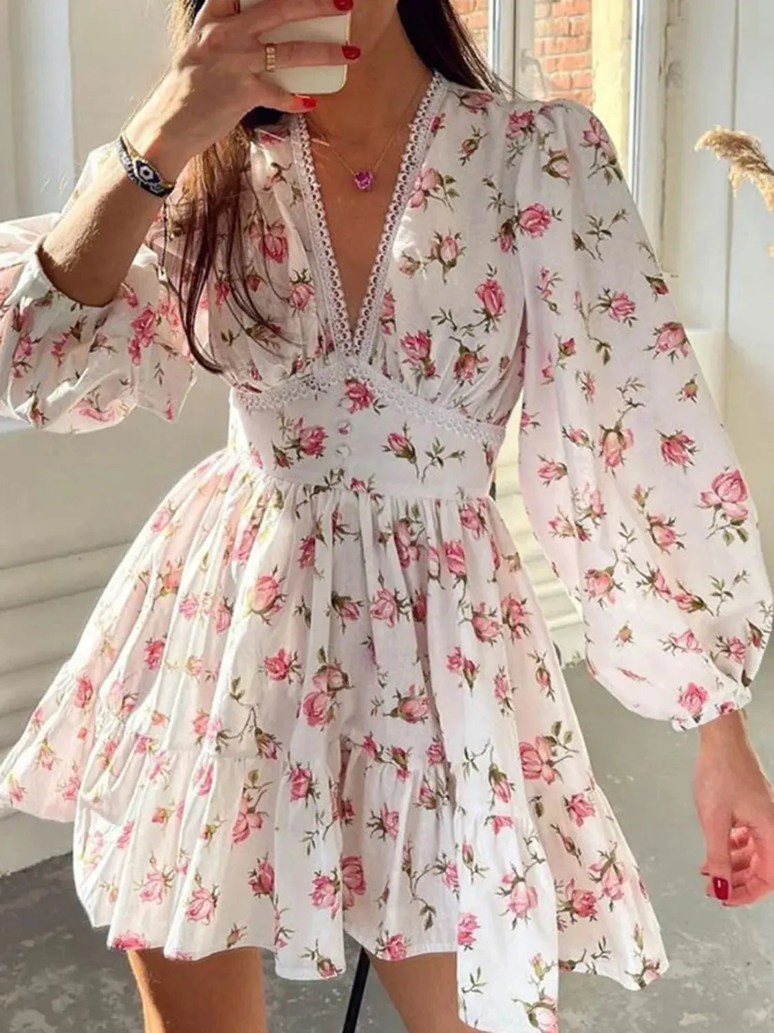 Lace Detail V Neck Balloon Sleeve Dress