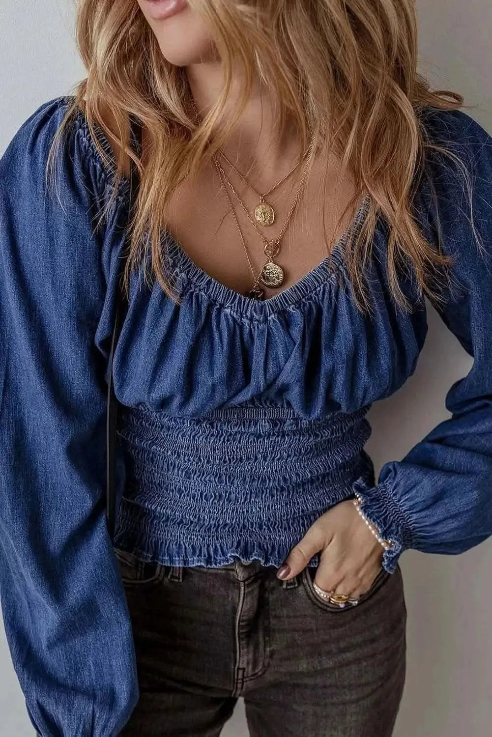 Trendsi Smocked Denim Top Long Sleeve Cotton Blend — Women's Casual