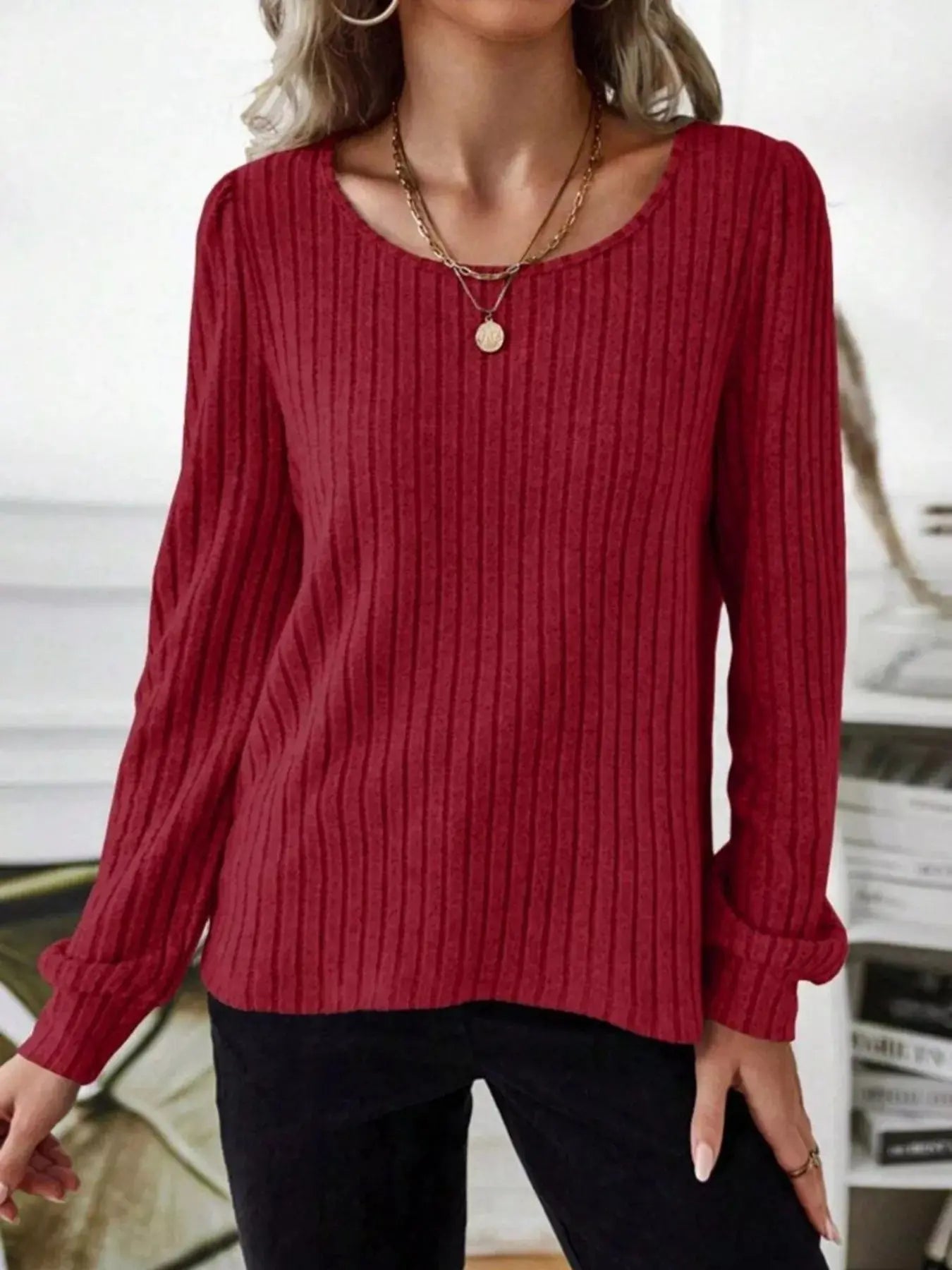 Ribbed Knit Long Sleeve T Shirt