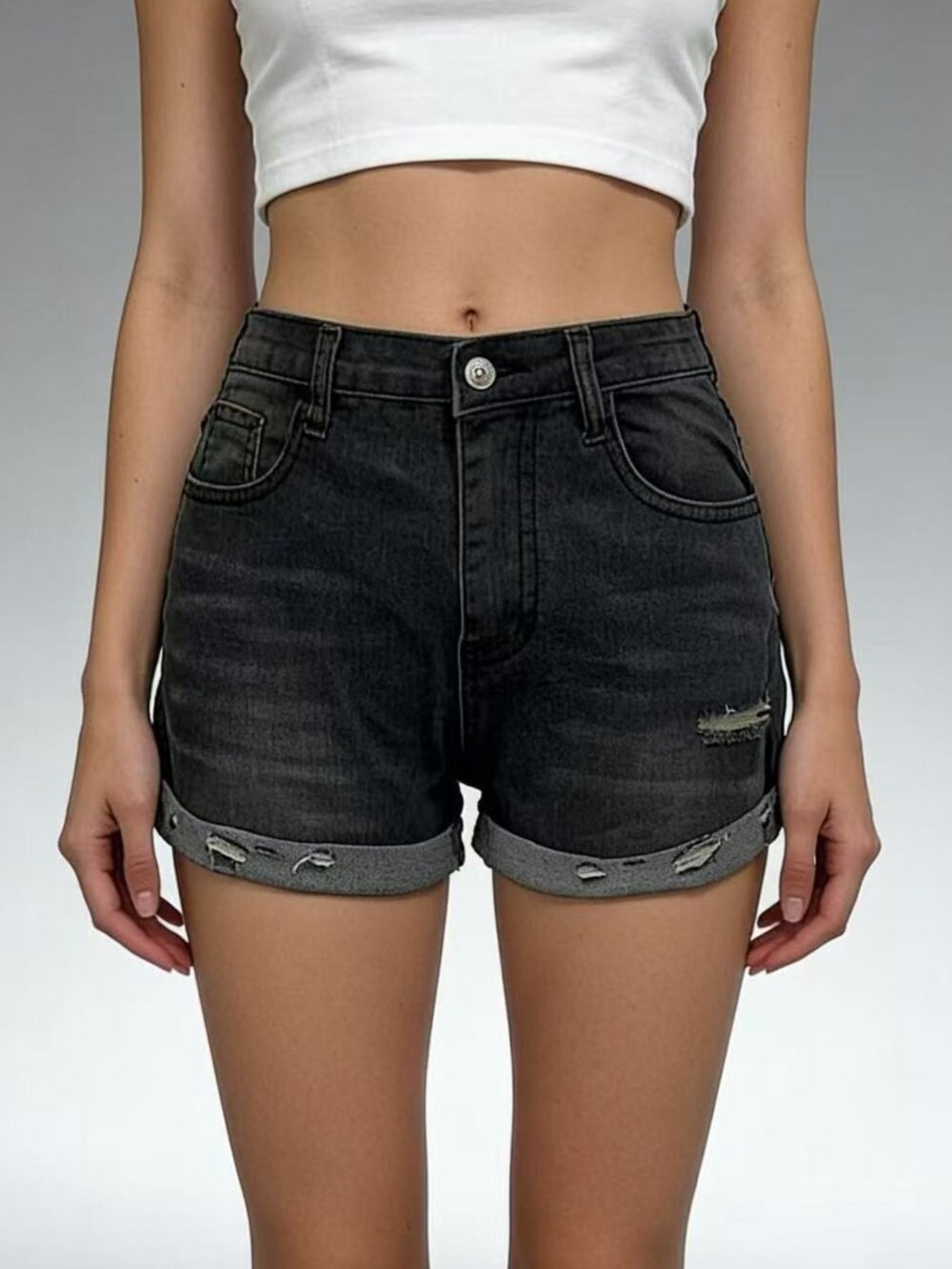 Distressed Denim Roll Up Shorts