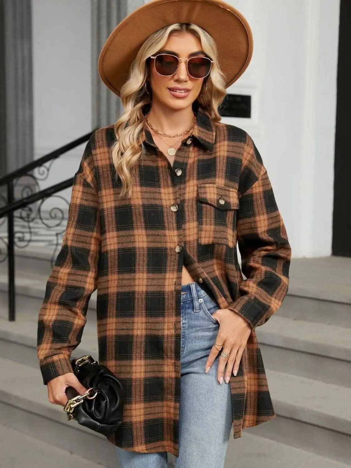 Trendsi Plaid Collared Shirt Long Sleeve — Casual Dusty Pink