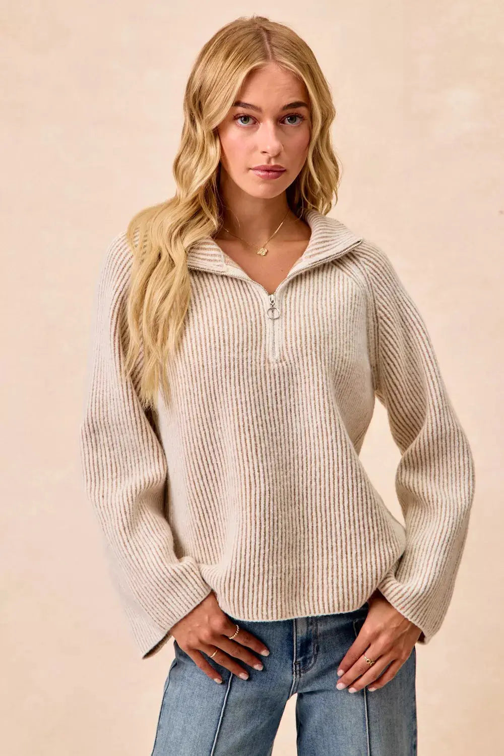 BiBi Two Tone Ribbed Textured Knit Sweater with Zip Up Collar