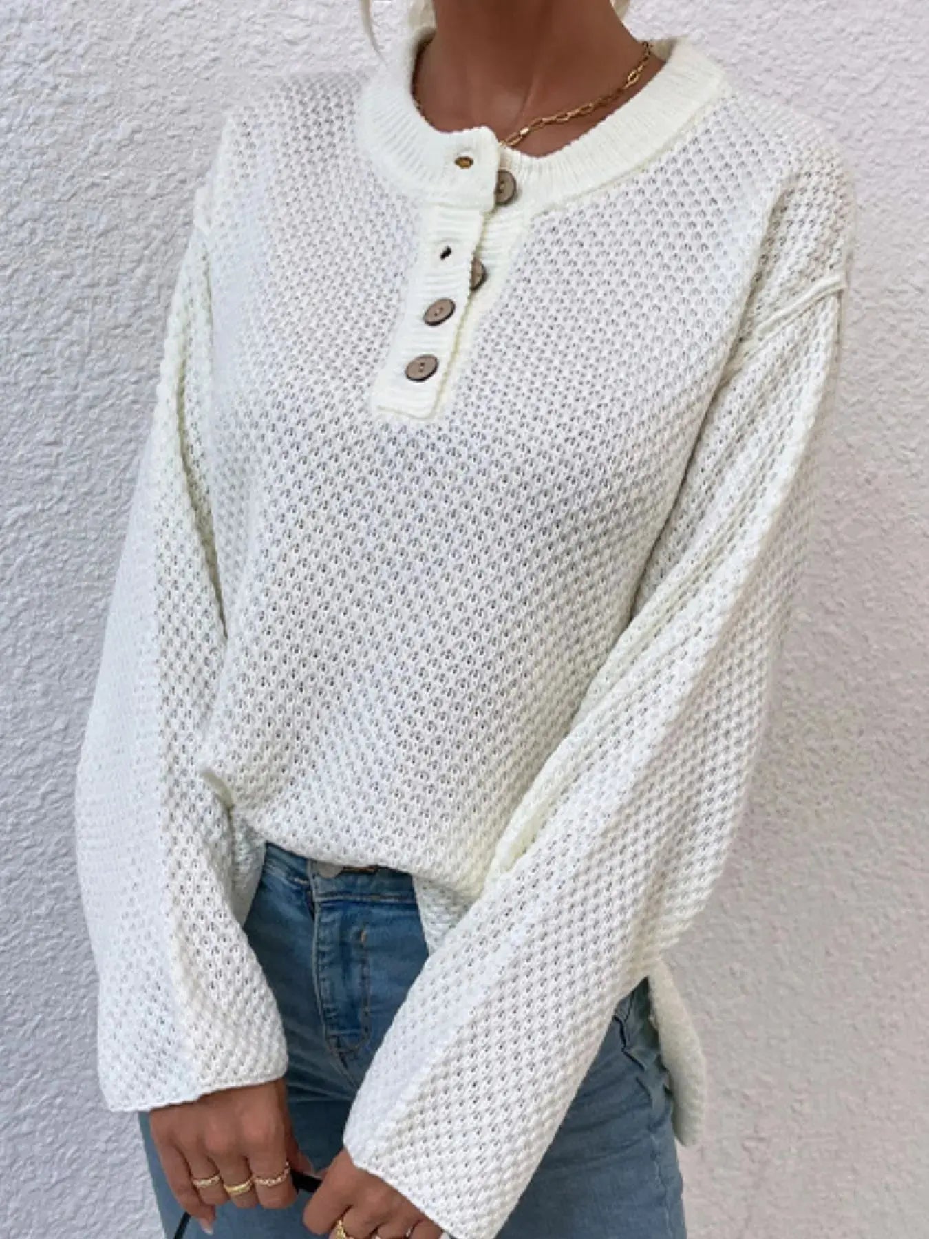 Waffle-Knit Button Detail Long Sleeve Knit Top