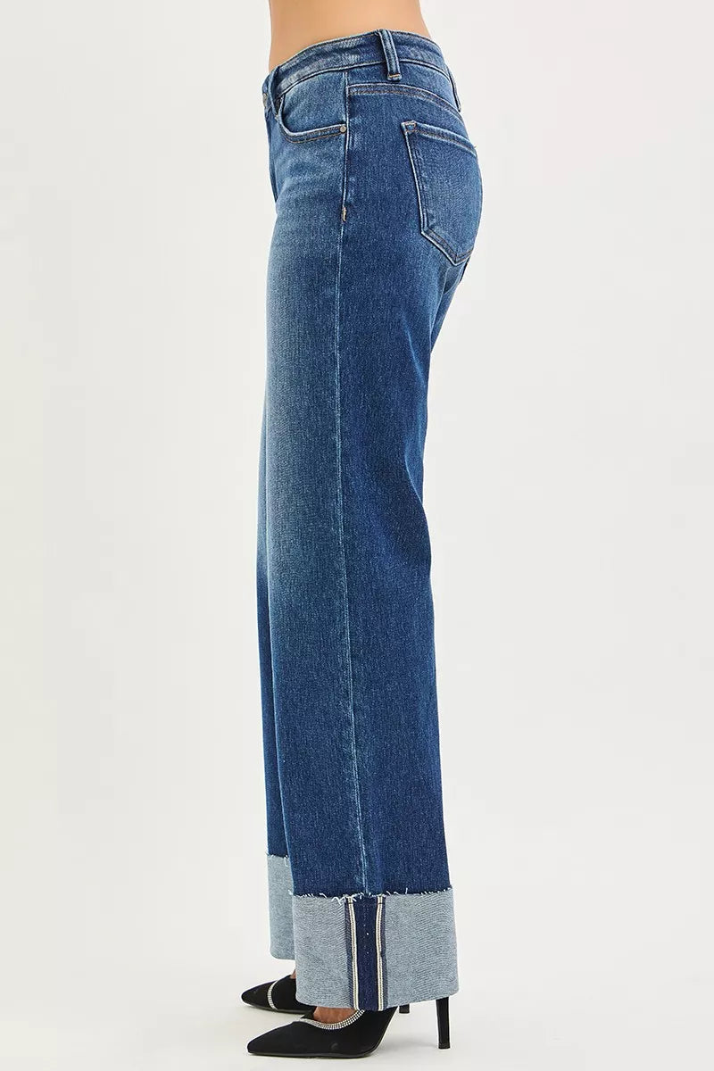 RISEN Jeans - Mid Rise Wide Straight Jeans With Wide Cuff