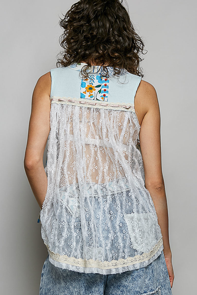POL Light Blue Floral V-Neck Sheer Tank with Lace Trim