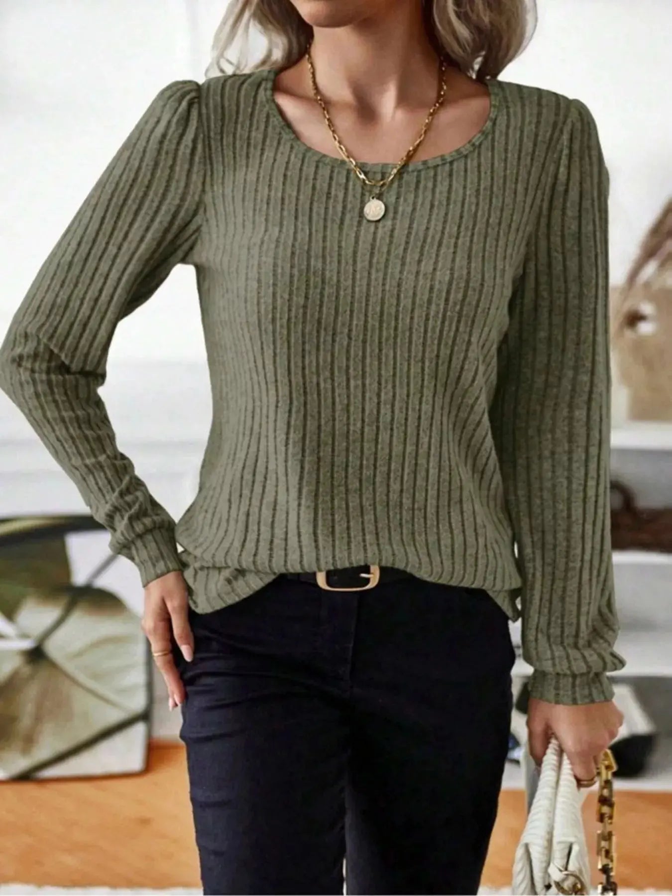 Ribbed Knit Long Sleeve T Shirt