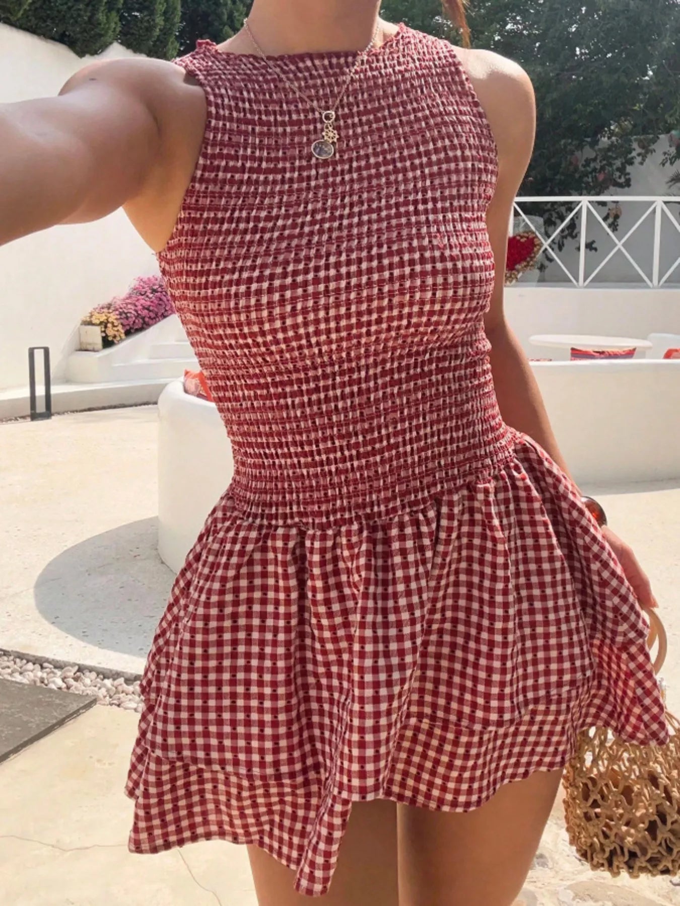 Smocked Gingham Mini Dress