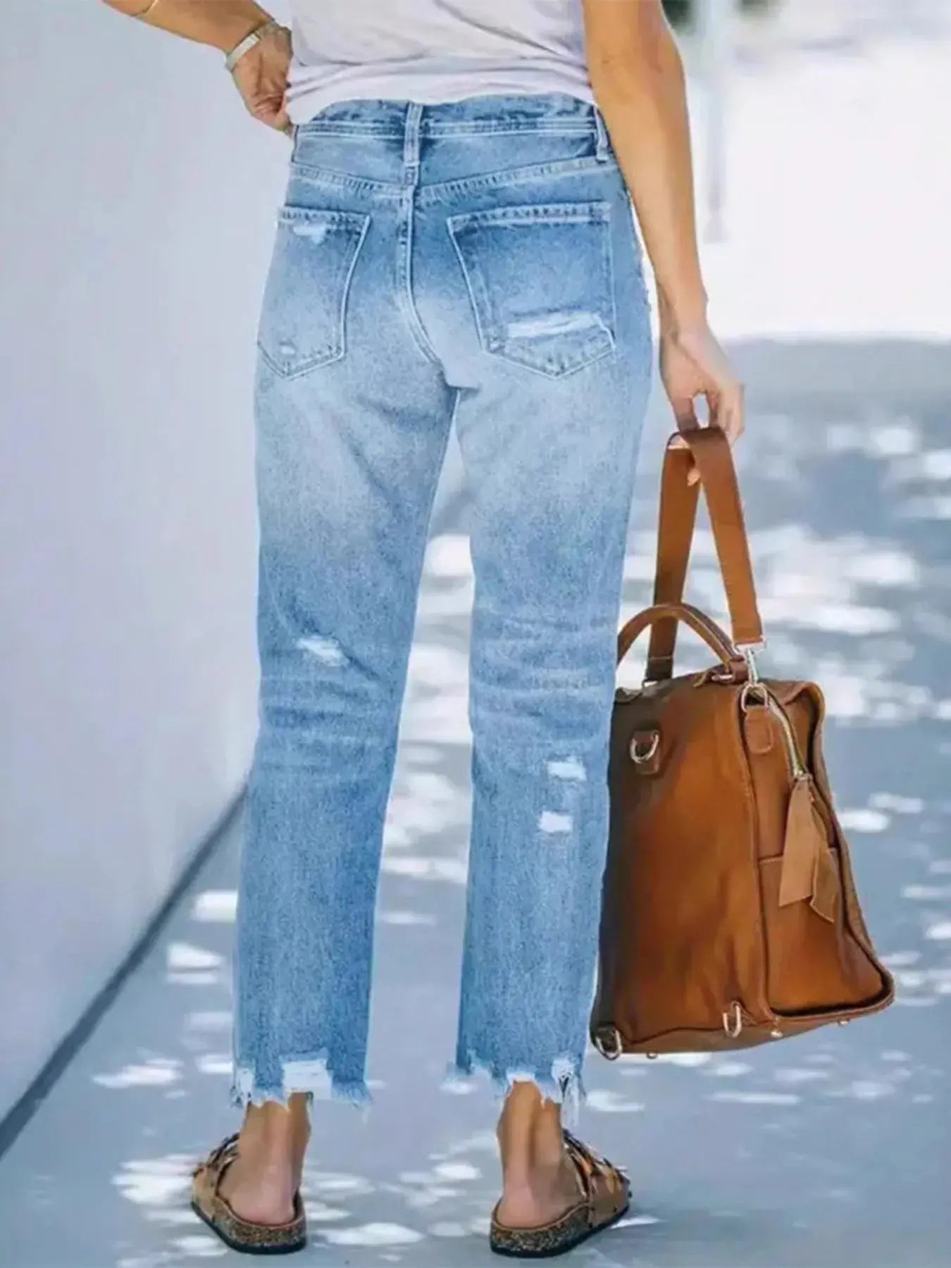 Distressed Straight Leg Jeans with Raw Hems
