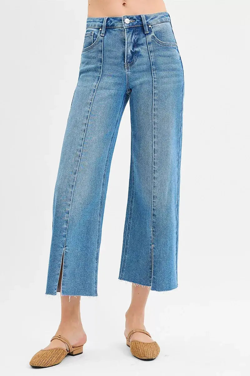 RISEN Jeans - Tummy Control Mid Rise Crop Wide Front Slit Jeans