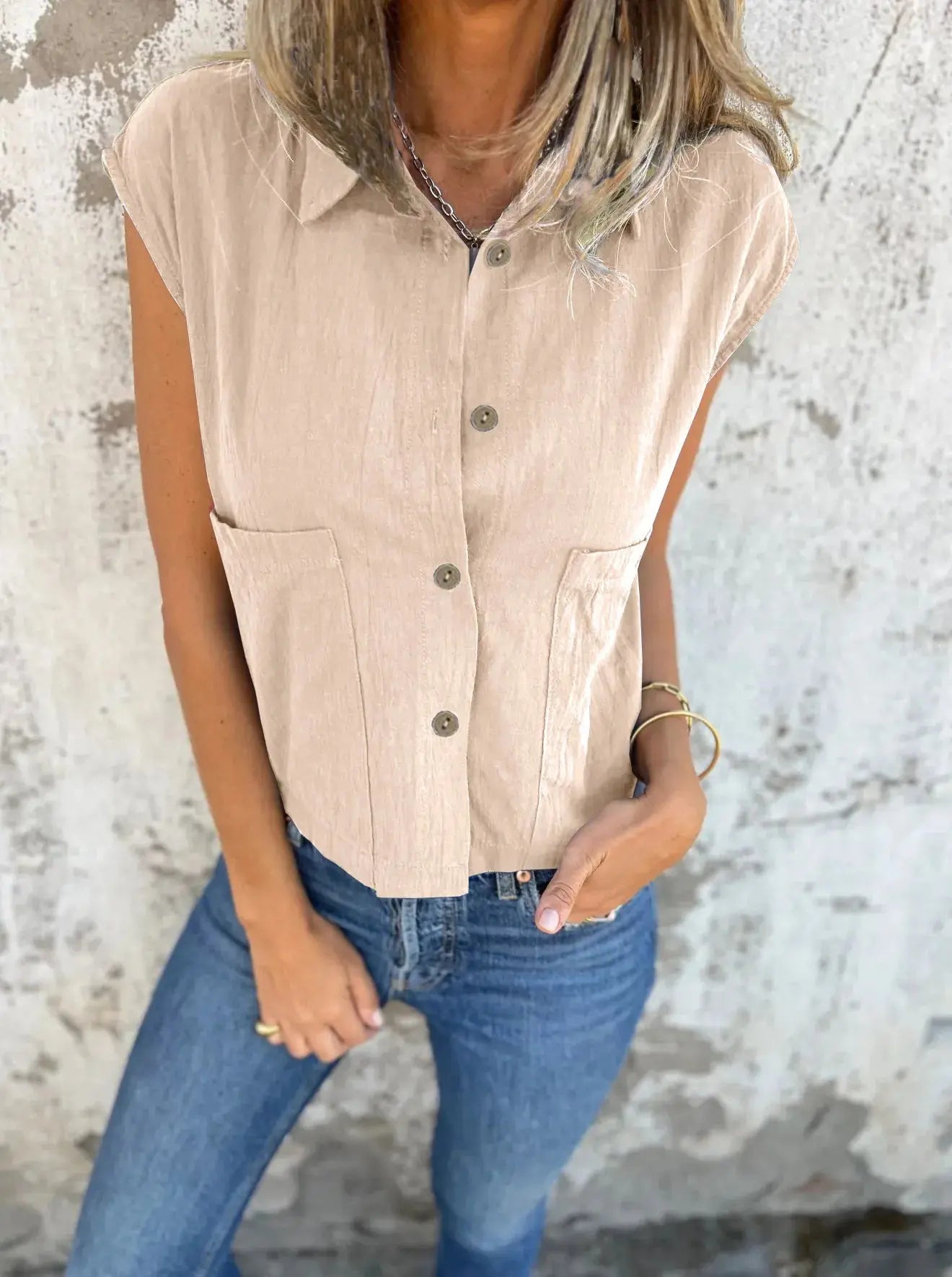 Full Size Cap Sleeve Button Down Linen Shirt