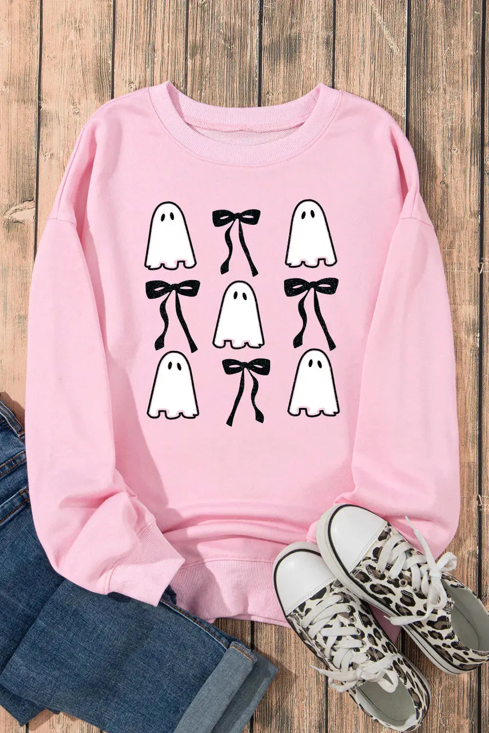 Ghost & Bow Round Neck Halloween Long Sleeve Womens Sweatshirt