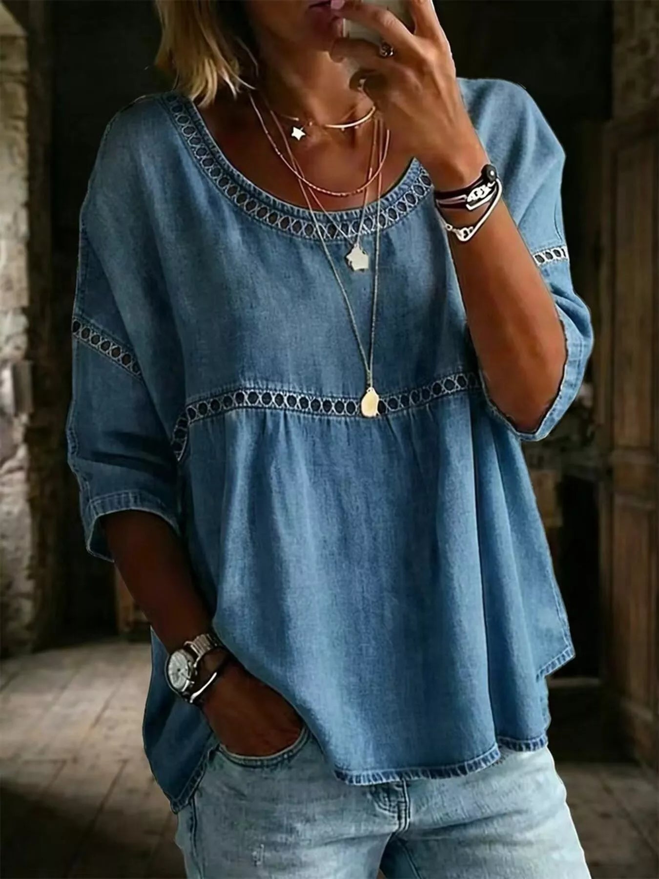 Full Size Hollow Out Round Neck Top