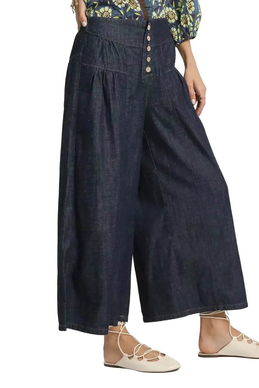Dark Blue Stone Washed Wide-Leg Button-Front Culottes