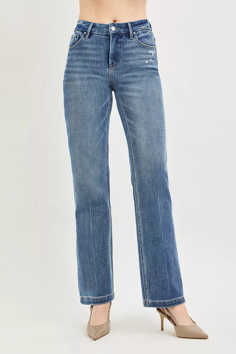 RISEN Tummy Control 4-Way Stretch Mid Rise Straight Jeans with Crease Line Detailing