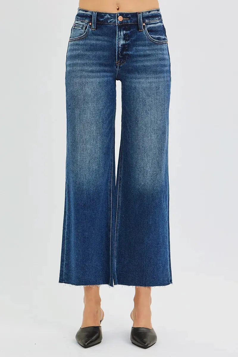 RISEN Jeans - Plus Size Mid Rise Crop Wide Raw Cut Hem Jeans