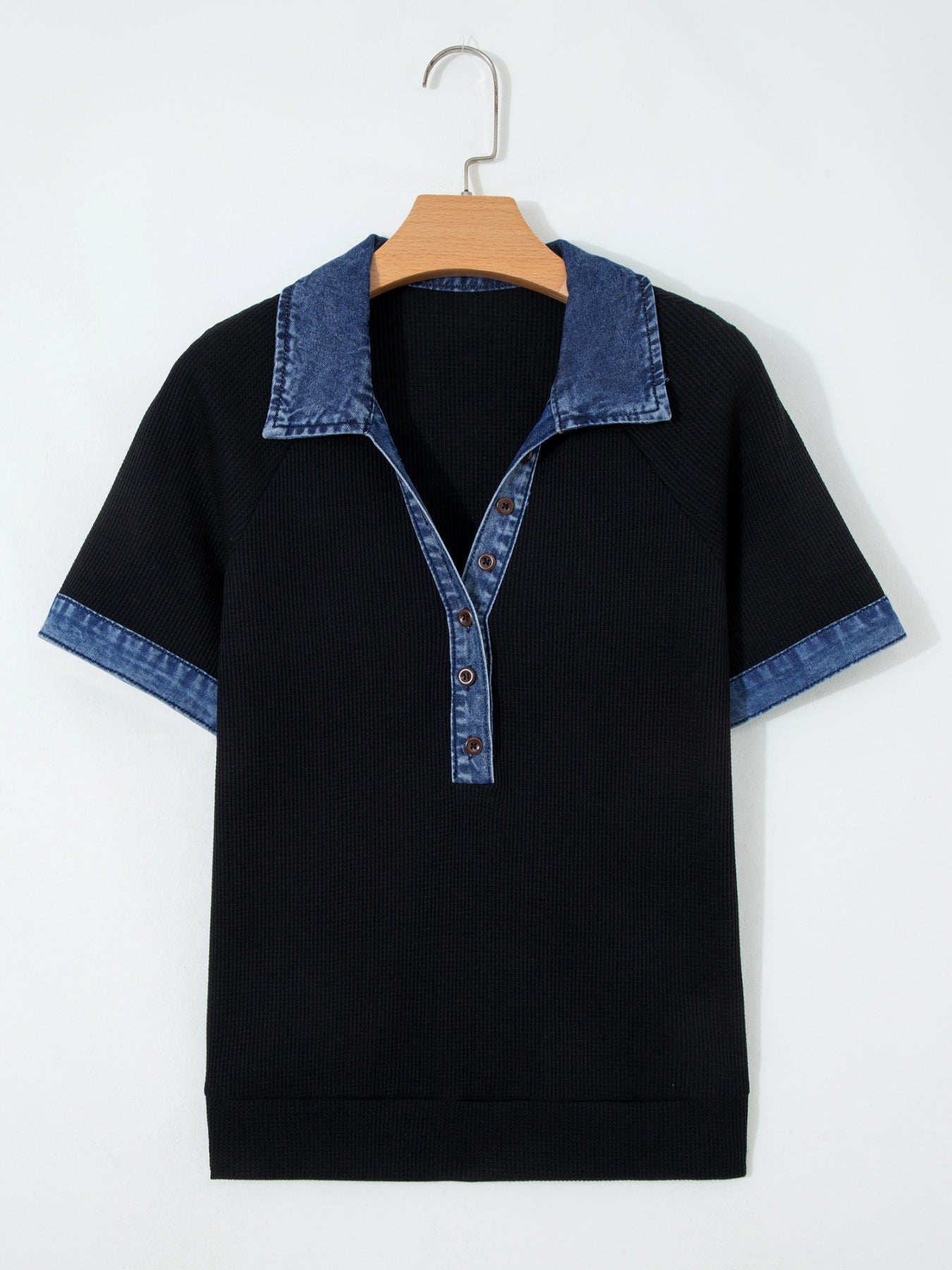 Women's Button Detail Collared Denim Trim Top