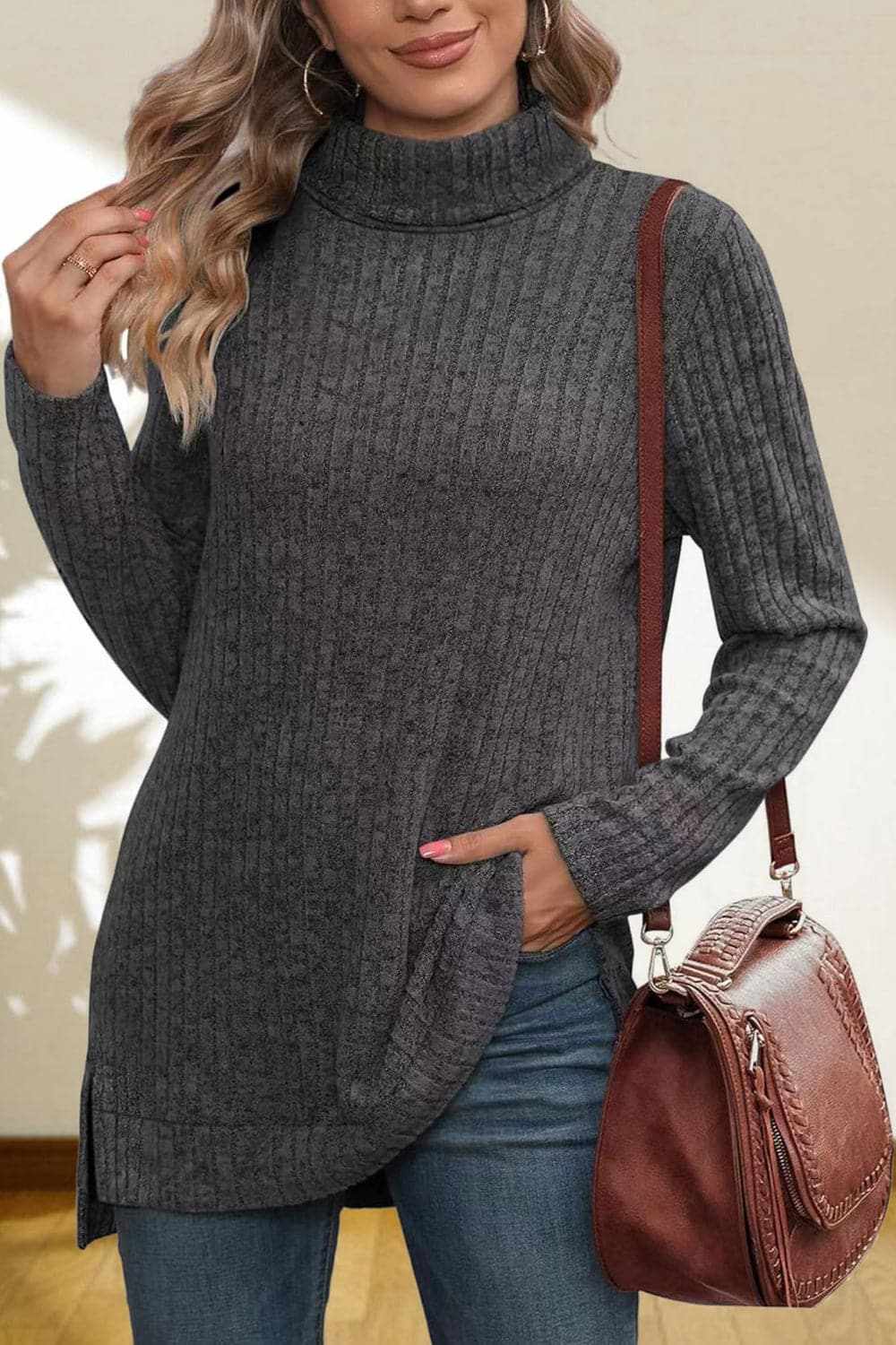Cerise Turtleneck Sweater by Trendsi – Quality High-Low Hem Style