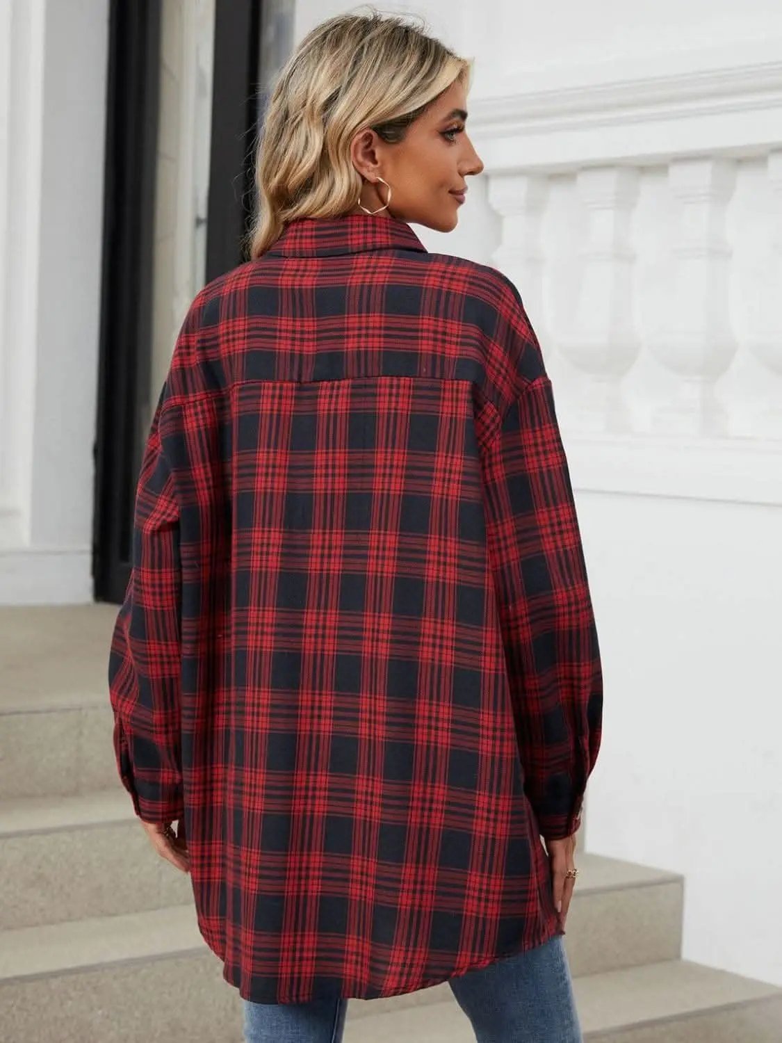 Trendsi Plaid Collared Shirt Long Sleeve — Casual Dusty Pink