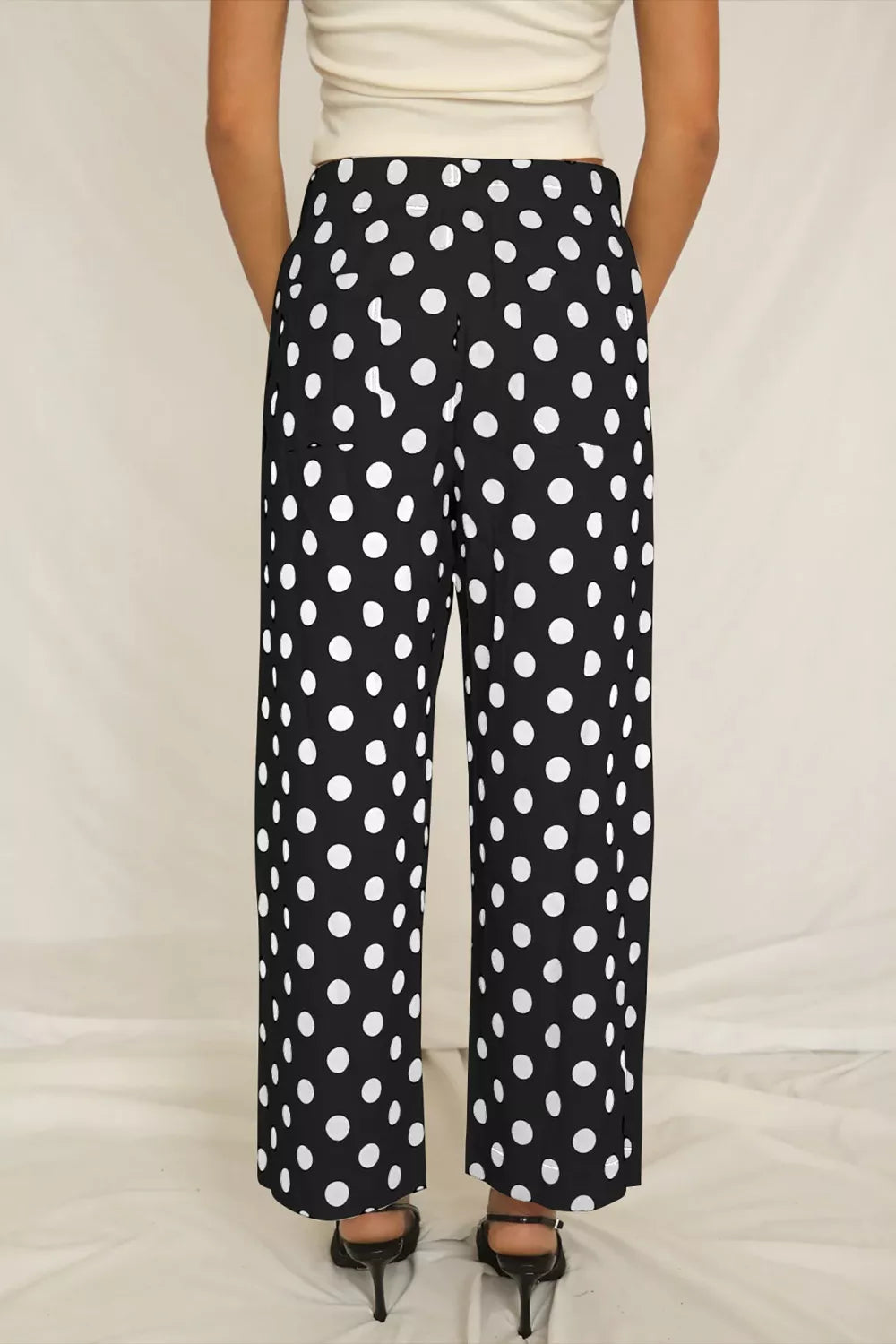 Polka Dot Print Patched Pocket Mid Rise Straight Leg Pants
