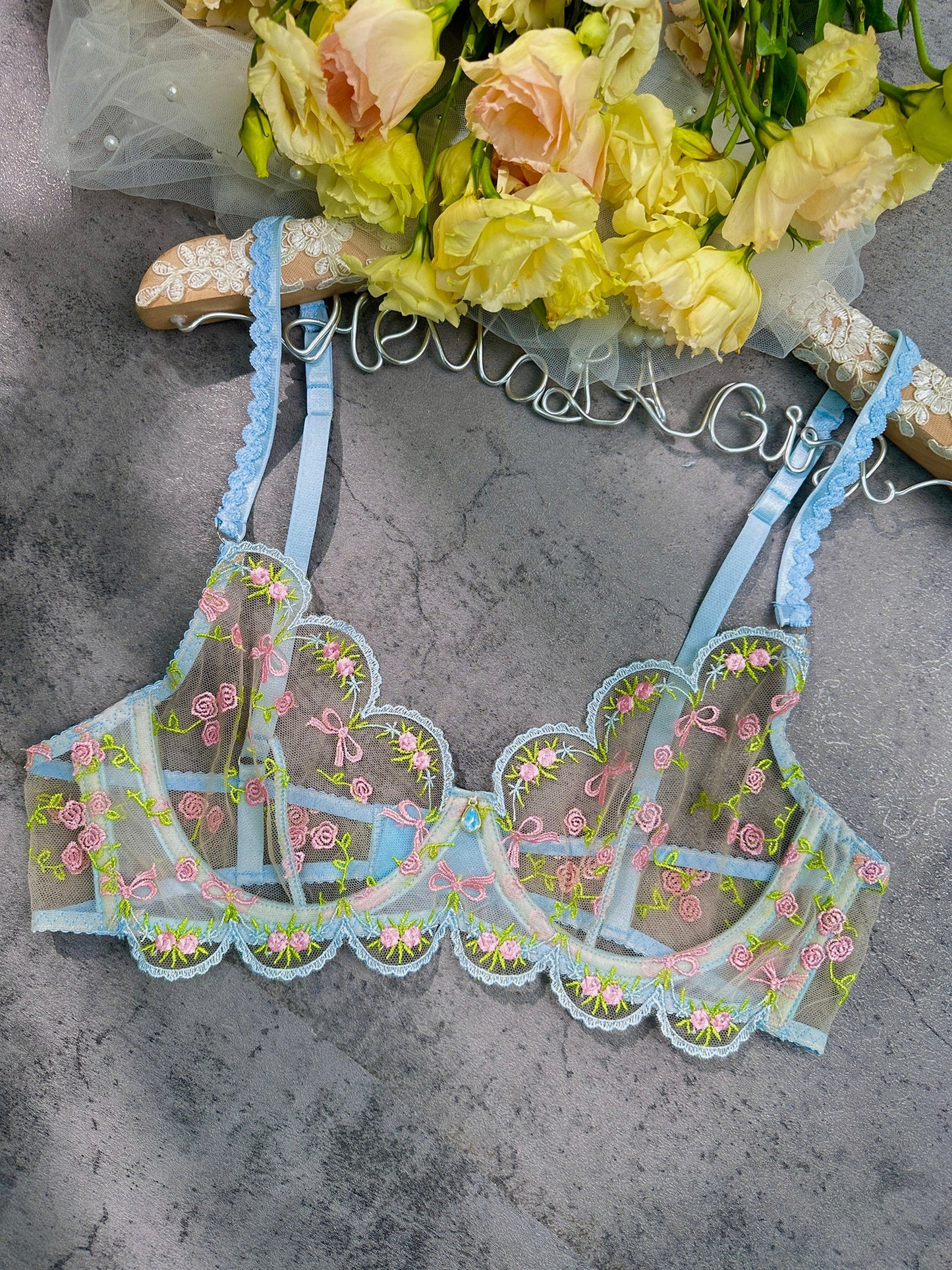 Light Blue Floral Lace Lingerie Set