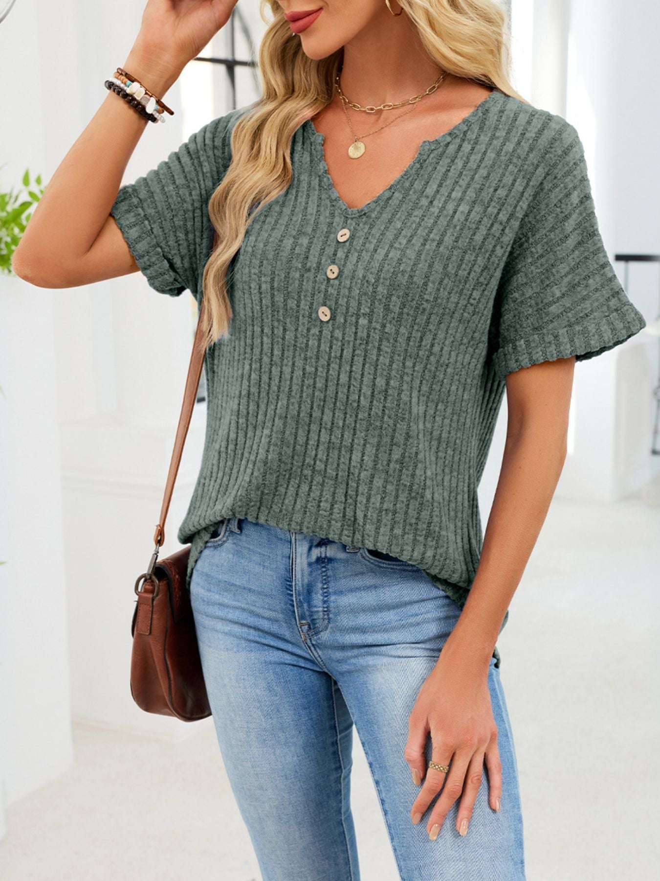 Women's Ribbed Knit Button V Neck Short Sleeve T Shirt