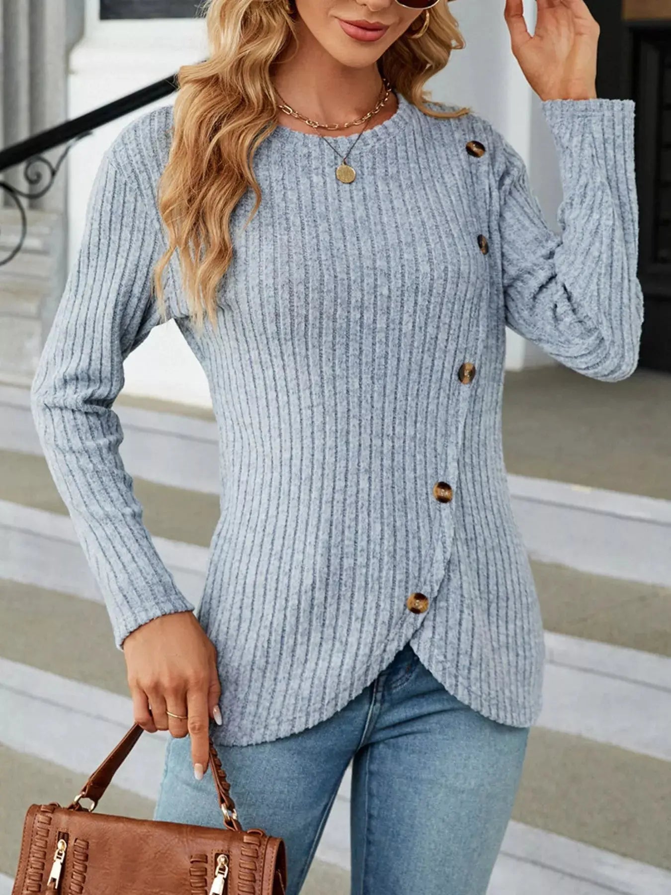 Decorative Button Ribbed Knit T Shirt
