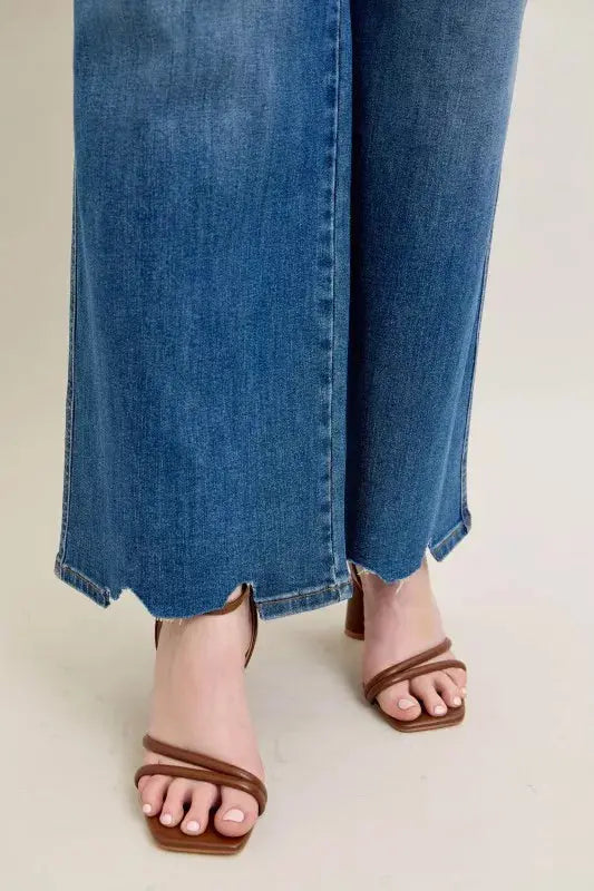Judy Blue Full Size High Waist Tummy Control Destroy Wide Leg Jeans with Chew Hem