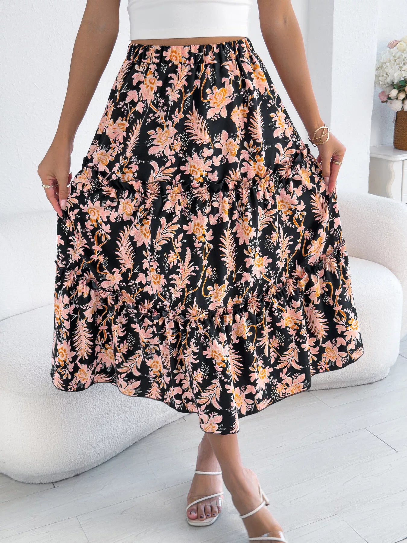 Floral Print Ruffle Hem Flowy Midi Skirt